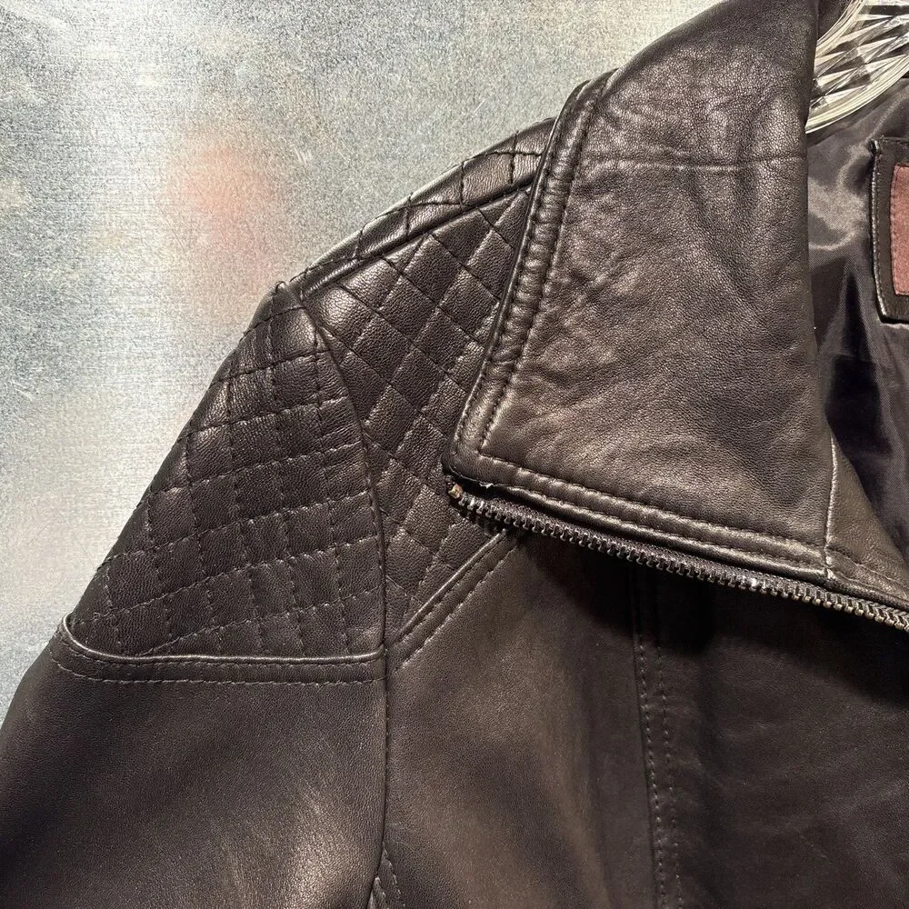 "Anne Klein Coat" Moto Jacket 2X Black 100% Leather Quilted Shoulders Full Zip - Picture 11 of 16